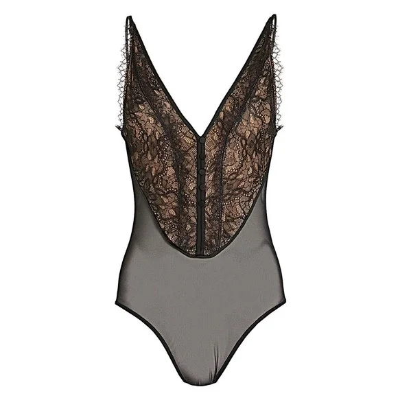 NEW Jonathan Simkhai Deep V Lace Bodysuit Tank Sexy Mesh Black Womens Size XS